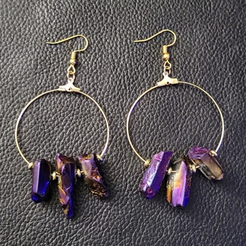 Handmade purple and gold titanium quartz raw crystal point hoop earrings